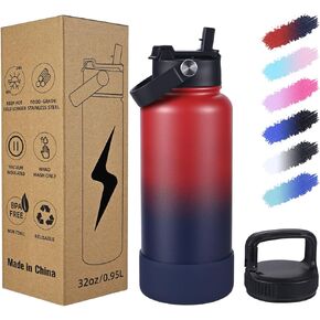 ColorSub 32oz Insulated Water Bottle with 2 Lids (Straw Chug and Handle Lid), Stainless Steel BPA Free Wide Mouth Sports Water Cup Flask, Kids Water Bottle for School Red Navy
