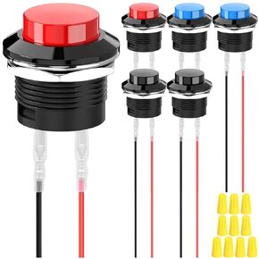 6Pcs 16mm Red/Blue/Black Momentary Push Button Switch SPST ON OFF Switch 3A 250V AC/6A 125V AC 2Pin Self-Resetting Round Switch with Locked Terminal Wires and Wiring cap for Car Boat Truck PC