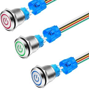 Latching Push Button Switch 0.87''/22mm Stainless Steel SPDT ON Off Waterproof Toggle Switch 12V/24V 5A Power Symbol LED 3 Colors(Red/Green/Blue) with Pigtail Socket