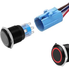 Red LED Angel Eye + Power Indicator 19mm Momentary Push Button Switch 1NO 1NC SPDT ON/OFF Waterproof Black Shell Metal Round with Wire Socket Plug