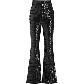 ODIZLI Womens Bell Bottom Sparkle Sequin Flare Pants Elastic High Waisted Bling Glitter Dance Pants