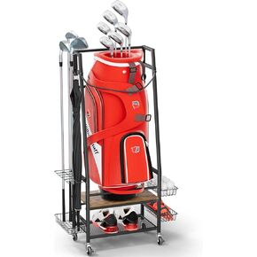 Golf Bags Storage Garage Organizer - Golf Bag Stand Fit Single Golf Bags, Golf Clubs, and Golf Equipment Accessories, Golf Bag Organizer Rack with Wheels for Garage, Club, Shed, Basement
