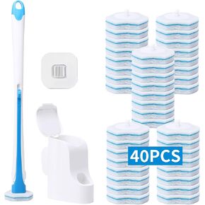 Disposable Toilet Brush with 40PCS Refills, Wall Mounted Compact Bathroom Bowl Wand Cleaning System Long Handle with Storage Caddy