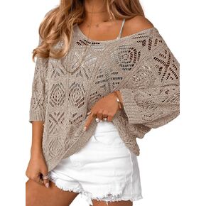 Saodimallsu Womens Crochet Cover Up Top Summer 3/4 Sleeve Off Shoulder Sweater Shirts Mesh Boho Beach Swimsuit Coverup