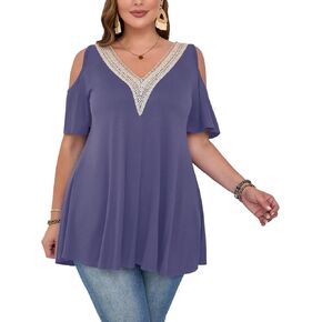 قمصان LARACE ذات الكتف البارد للنساء، قمصان صيفية مقاس كبير، قمصان تونيك دانتيل برقبة على شكل حرف V وأكمام قصيرة لارتدائها مع السراويل الضيقة in Kuwait