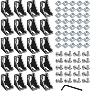 20 Sets 2020 Series Aluminum Extrusion Profile Connector Set, Includes 20pcs 2028 Corner Brackets, 40pcs T-Slot Sliding Nuts and 40pcs M5 Hex Screw Bolts (Black)