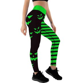JIFRE Nude Feeling Pumpkin Head Stripes Print Slim High Waist Long Halloween Leggings for Women Halloween Party Yoga Workout