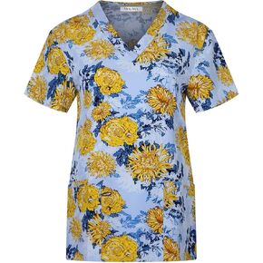 Minty Mint Women's Women's Easy Fit Lightweight Dression Printed V-Neck Medical Scrub Top Gray Yellow L