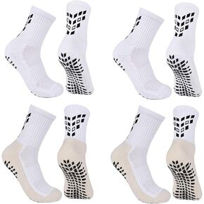 Anti-slip Grip Soccer Football Sports Socks Men Women Cushioned Cotton Crew Socks Yoga 6-8.5 2white+2whitebeige M 4 Pair