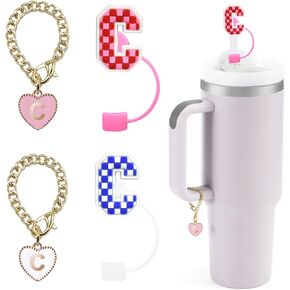 Stanley Cup Accessories, 2PCS Letter Stanley Straw Cover with 2PCS Letter Charms for Stanley Cup 30&40 Oz, Initial Letter Straw Toppers and Charm for Stanley Tumbler