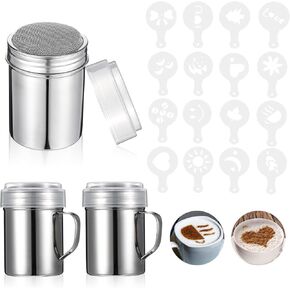Powder Coffee Shaker Sets with Lid & Mesh,3 Stainless Steel Shaker and 16 Pieces Coffee Stencils Latte Art,Barista Art Tools for Cappuccino Cinnamon,Medium