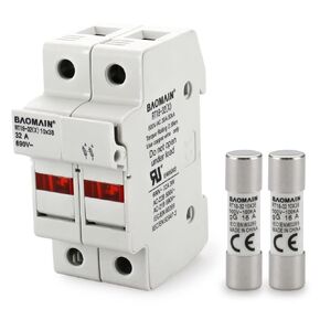 Baomain Cylindrical Fuse Holder RT18-32(X) 10mm X 38mm Fuse Base 2 Poles DIN Rail Mount with 10 PCS of RO15 Fuse (16 Amp) CE Listed