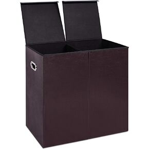 Internet's Best Double Faux Leather Laundry Hamper with Lid - Double Load - Foldable Hamper Basket - Removable Lid - Brown