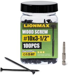 LIONMAX Deck Screws 3-1/2 Inch, Wood Screws #10 x 3-1/2", 100 PCS, Rust Resistant, Exterior Epoxy Coated, Outdoor Decking Screws, Torx/Star Drive Head Screw, T25 Star Bit Included, Black