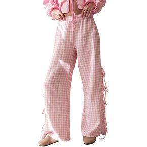 Sunloudy Women Y2K Wide Leg Gingham Pants Elastic High Waist Side Tie Loose Fit Plaid Trouser Lounge Pants