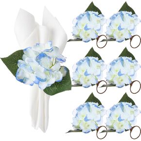 6 Pcs Artificial Hydrangea Napkin Rings Spring Summer Napkin Ring Holder Boho Floral Rustic with Artificial Leaves for Weddings Dinner Spring Summer Gathering Table Decoration (Hydrangea)
