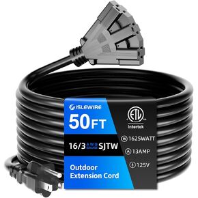 50 FT 3 Outlet Outdoor Extension Cord Waterproof, 16/3 SJTW Black Extension Cord with Multiple Outlets, Heavy Duty 16 Gauge 3-Prong Grounded Power Cable for Garden and Home Use, ETL Listed