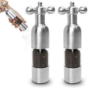 2PCS Manual Salt and Pepper Grinder Set, Solid Handle, Modern Vintage Stainless Steel Juego de Molinillo Dorado Antique Faucet Shakers Refillable Adjustable Coarseness Mill for BBQ Restaurant-Silver