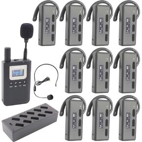 Wireless Tour Guide System, Tour Guide Headsets, Noise Reduction 328 feet Whisper Systems for Churches Training Conference Factory(1 Transmitter, 10 Wireless Earphones, 1 10-Port Charger)