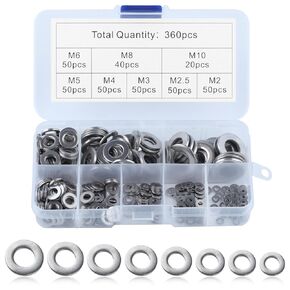 304 Stainless Steel Flat Washers Assortment Kit, 360 PCS 8 Metric Sizes-M2 M2.5 M3 M4 M5 M6 M8 M10 Fender Washers for Screws and Bolts, Hardware Washer Set for Home & Industrial Usage