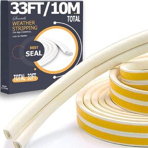 Weather Stripping Door Seal Strip for Doors and Windows, Self Adhesive Foam Door Weather Strip, Soundproofing Seal Strip for Cracks and Gaps Collision Avoidance, D Type 33 Feet White
