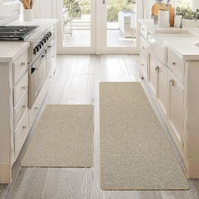 Faux Linen Kitchen Rugs Set of 2 Washable Non Slip Kitchen Mats for Floor, Absorbent Rubber Backing Standing Mat, Kitchen Runner Rugs for Sink Laundry Room Bathroom (Brown, 17.3"x47"+17.3"x30")