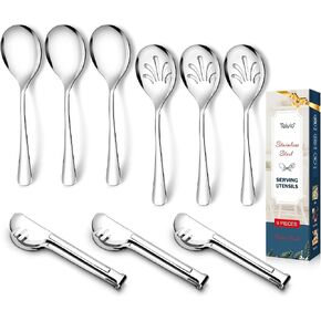 Stainless Steel Metal Serving Utensils - Large Set of 9-10" Serving Spoons, 10" Slotted Spoons, and 9" Serving Tongs by Teivio (Silver)