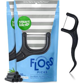 SmartLifeco Biodegradable Dental Floss Picks - Charcoal Thread Flossers for Adults, All Natural Teeth Whitening, Eco Friendly Straw Wheat Handle, Toothpick Stick Soft on Gums, Zero Waste Vegan, 100x
