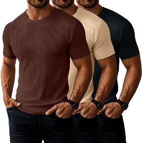 Huukeay 3 Pack Men's T-Shirts Crewneck Short Sleeve Muscle Shirts Ribbed Gym Workout Casual Slim Fit Tops