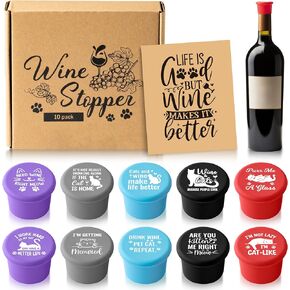 GROBRO7 10Pcs Wine Stoppers Set Funny Cats Silicone Bottle Covers Reusable Beverage Corks Strong Sealing Keep Wine Fresh Liquor Accessories Gift for Alcoholic Lovers Champagne Beer Glass Drink Bottles