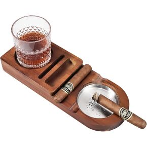 Joyoldelf Wood Cigar Ashtray Coaster - Whiskey Glass Tray with Removable Stainless Steel Cigar Ashtray and Cigar Cutter Slot, Cigar Accessories for Men, Whiskey Glass and Cigar Holder Gift Set