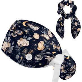 Scrub Caps Women, Adjustable Surgical Caps with Ponytail Pouch Working Cap Hair Scrunchy, Floral Vintage Butterfly Wildflower