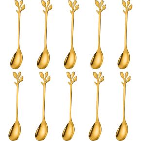 AnSaw Elegant Gold Leaf Coffee Spoons - 10-Piece, 4.7" Mini Stainless Steel Espresso & Dessert Tea Spoons, Perfect for Demitasse & Small Servings