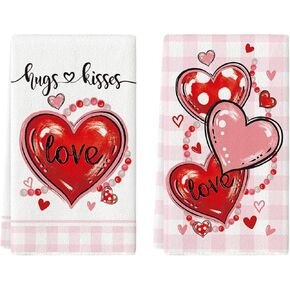 Artoid Mode Pink Red Polka Dot Heart Love Valentine's Day Kitchen Towels Dish Towels, 18x26 Inch Farmhouse Wedding Decoration Hand Towels Set of 2