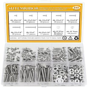 244 Pieces #6-32 x 1/4", 5/16", 3/8", 1/2", 5/8", 3/4", 1", 1-1/4", Phillips Countersunk Head Machine Screws Nuts Washers Assortment Kit