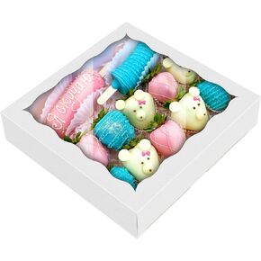 HONGFAPK 100 Pcs Cookie Boxes: 5" x 5" x 1 1/5" Inches Small Gift Boxes with Window,Mini Dount Boxes,Single Treat Boxes,Dessert Boxes,Chocolates Strawberry,Pastry boxes.