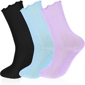 3 Pairs Pilates Socks with Grips, Non Slip Ruffle Yoga Socks Anti Skid Athletic Socks Long Crew Socks for Women Girls Yoga Ballet Workout Dance Trampoline