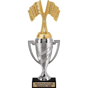 Racing Trophy, 14" Silver Cup Crossed Flags Race Trophies with Free Personalization Prime