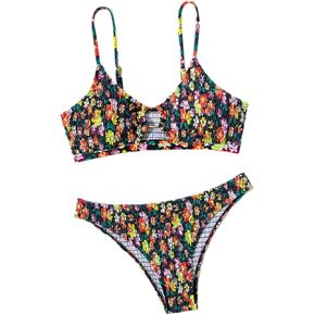 SHENHE Women's Cut Out O Ring Floral Bikini Sets Smocked Tropical 2 Piece Swimsuits