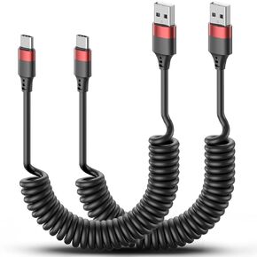 ملفوف USB C Cable 2 Pack ، Type Cable Cained Cable Cable Fast Charging USB إلى USB C Cord ملفوف لجهاز iPhone 16 15 Pro Max ، Samsung Galaxy S24 S23 ، Moto G8 ، Google Pixel ، كابل USB C القابل للسحب للسيارة