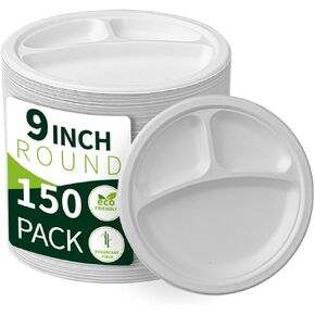 150 Pieces 100% Compostable 9"" Paper Plates, 3 Compartments Heavy Duty Disposable Plates, Eco Friendly Combo Plates, Biodegradable Dividers made of Sugarcane Fiber (9"")