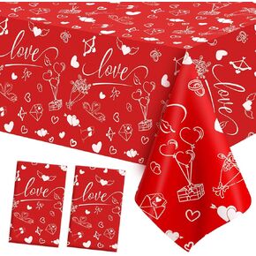 Valentines Day Tablecloth, Valentines Tablecloth, 2 PCS Disposable Plastic Red Heart Love Tablecloth Rectangular Valentines Table Cloth Table Cover for Valentine's Day Wedding Decorations, 54x108 Inch