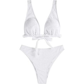 ZAFUL Womens Back Tie Bikini Set V Neck High Waisted Crinkle Longline Plunge Bikini Two Piece Bathing Suits