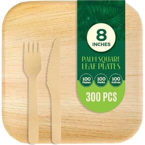 300 Pack Compostable Square Palm Leaf Dinnerware I 100 of 6'' Plates, 100 Knives and 100 Forks| Premium Disposable Plates Set I Heavy Duty Eco-Friendly Like Bamboo Disposable Plates