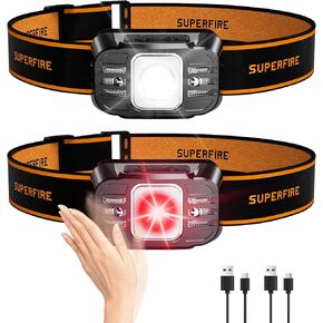 SuperFire Rechargable Headlamp for Adults & Kids, Running, Camping, Hiking Head Lamp with White & Red Light, Lightweight Waterproof Headlight with Motion Sensor（2PCS）