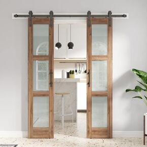 FREDBECK Double 18 x 84 inch Glass Barn Doors 36inch Barn Door with 6.6FT Hardware Kit & Handle Included,3-Panel Frosted Glass,LVL Wood Panel,Water-Proof PVC Surface,Pre-Drilled Holes,Need Assembly