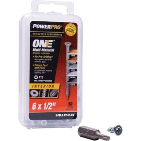 Power Pro Premium One Multi-Material Flat Head Screws, Zinc Plated Steel, Fasten in Wood, Metal, Concrete, Drywall and Plastic, Silver, #6 x ½ inch, Box of 50 Screws