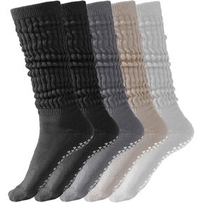5 Pairs Pilates Socks with Grips for Women Soft Cute Non Slip Cotton slouchy Socks Athletic Workout Barre Hospital Yoga grippy scrunch Socks