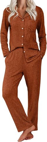 Ekouaer Womens Ribbed Knit Pajama Sets 2 Piece Lounge Set Long Sleeve Button Down Pjs Sleepwear Set with Pockets in Saudi Arabia