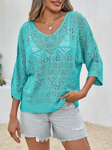 Saodimallsu الكروشيه Womens Cover أعلى الصيف 3/4 كم قبالة القمصان سترة الكتف شبكة بوهو الشاطئ التستر على التستر in Kuwait